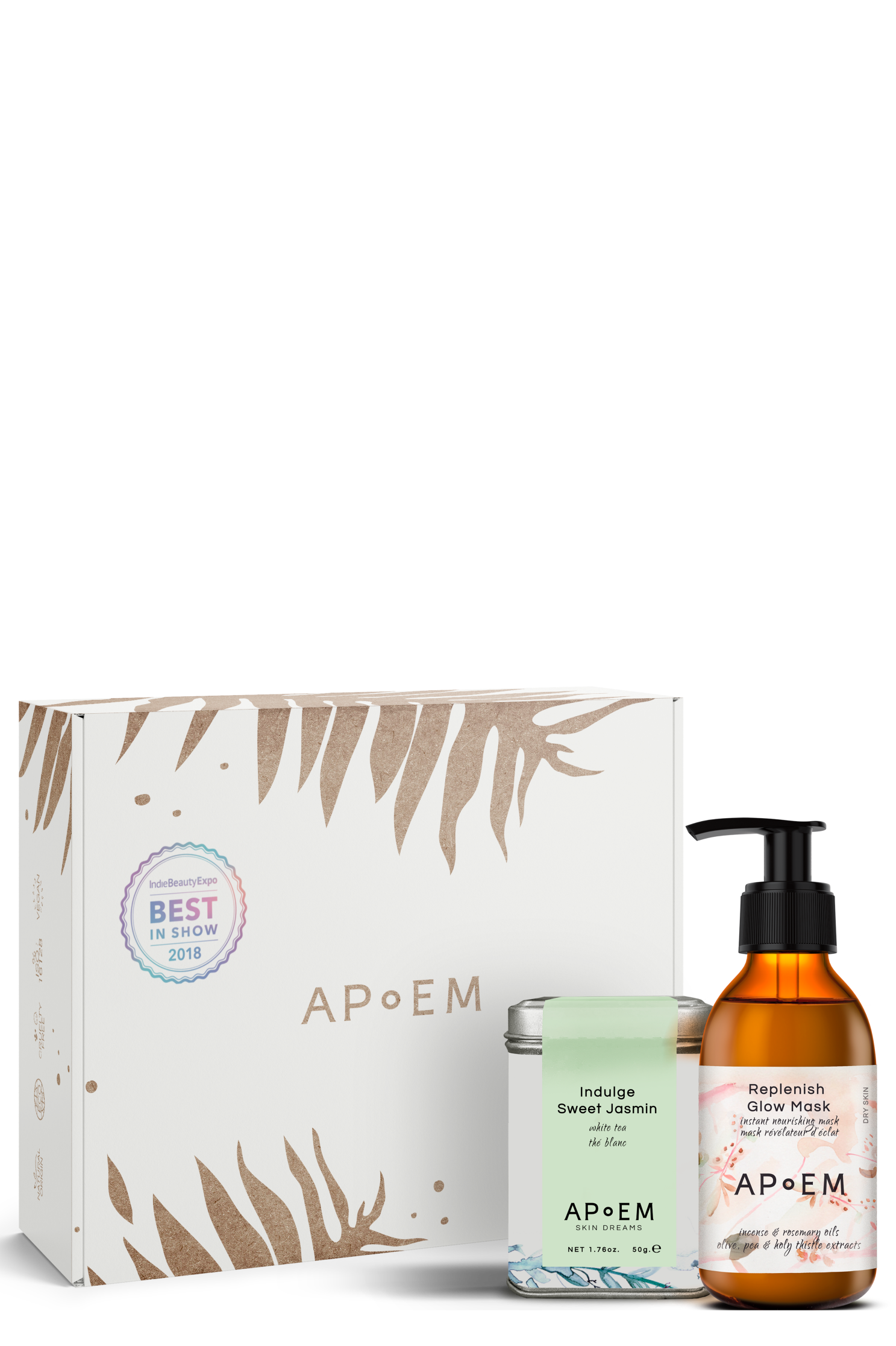 Premium skincare set featuring our IBE's Best in Show 2018 Award Winner Replenish Glow Mask (NET 150ml) and a special gift of Indulge Sweet Jasmin (NET 50g), along with a set of samples