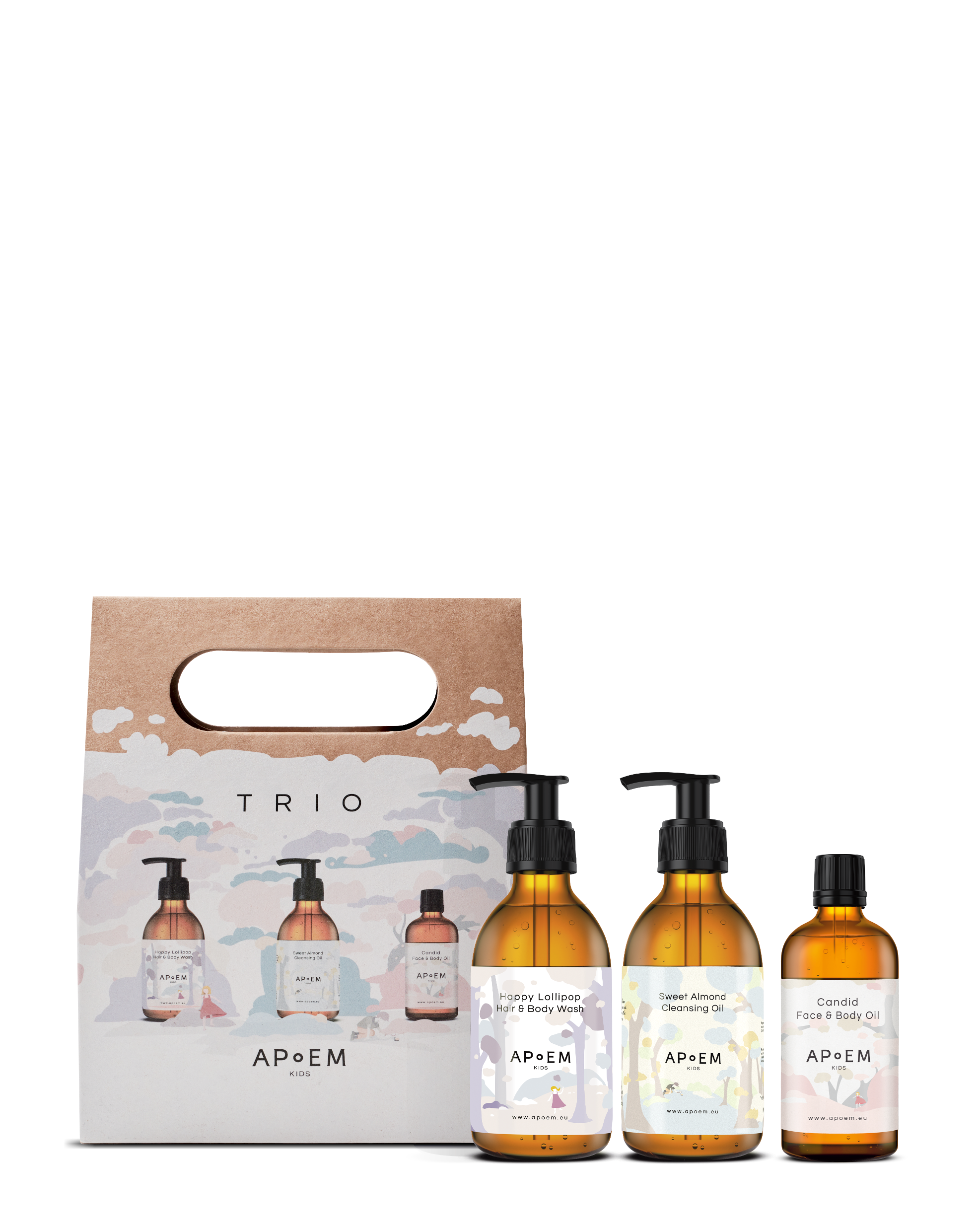 Try Me Set containing travel-sized products perfect for sampling: Happy Hair and Body Wash (NET 60ml), Sweet Cleansing Oil (NET 60ml), and Candid Face and Body Oil (NET 60ml). Ideal for those looking to experience a variety of hair and body care products before committing to a full-sized purchase.