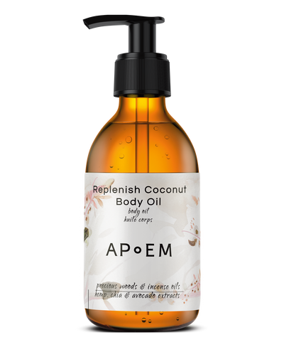 Nourishing body oil formulated for dry or sensitive skin types. This luxurious oil envelops the skin, offering refinement, nourishment, and a warm, soothing touch. Enriched with natural coconut, rice, and avocado oils, it provides essential nutrients for even the most demanding skin. The oil features a relaxing and restorative aromatherapy blend of incense and precious woods. Additionally, it contains a phytotherapy blend of hemp, chia, rice, jojoba, avocado, and coconut, which deliver nourishing, soothing