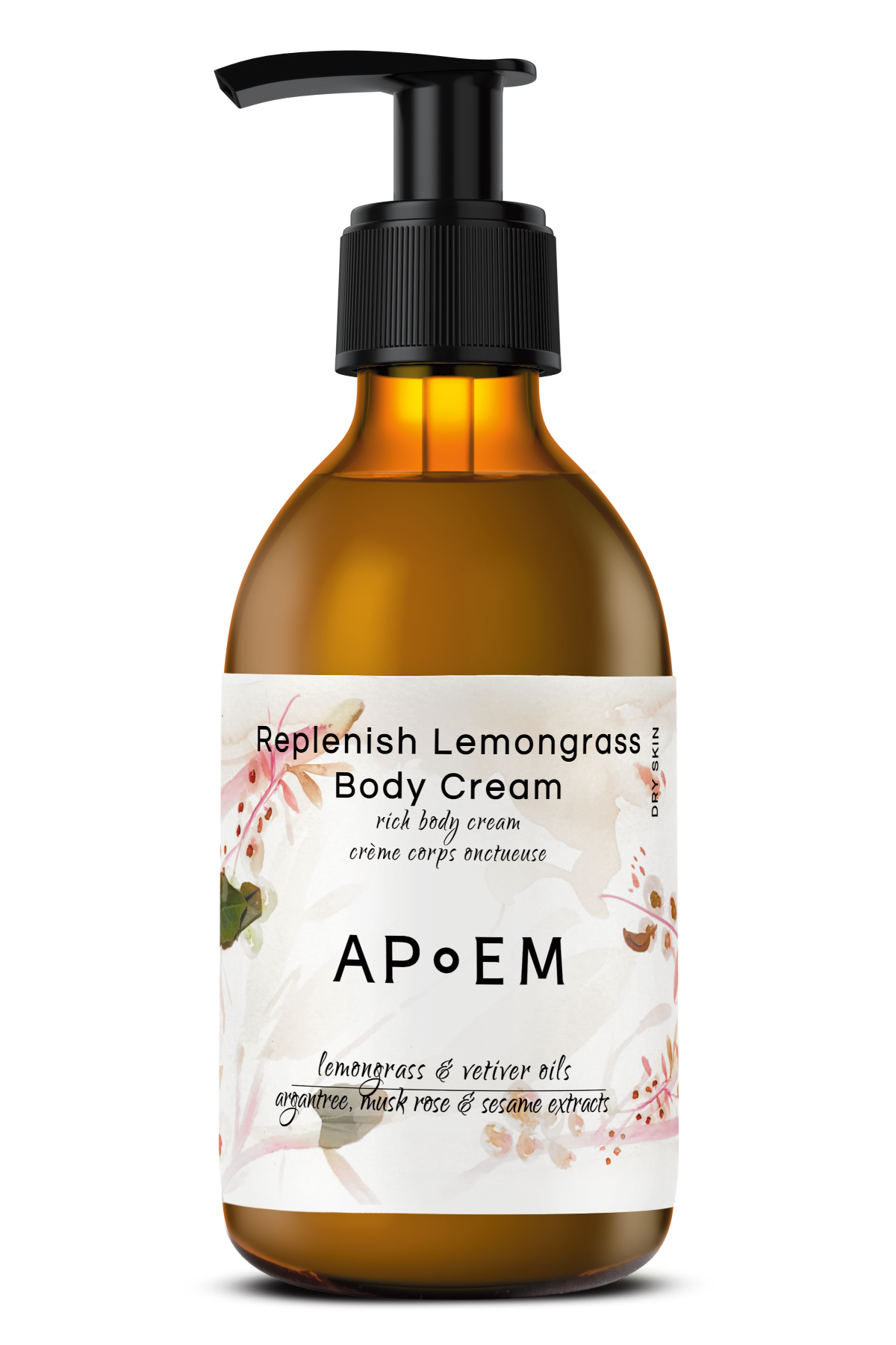 Intensive and fresh nourishing body cream for fast absorption, ideal for dry skin. This rich moisturizer deeply nourishes even the most demanding skin with its blend of invigorating lemongrass and sensual vetiver. The aromatherapeutic properties of lemongrass and vetiver offer relaxing and comforting effects. The phytotherapeutic blend of argan, musk rose, sesame, soybean, and peppermint provides nourishing, refreshing, soothing, purifying, and protective properties for the skin