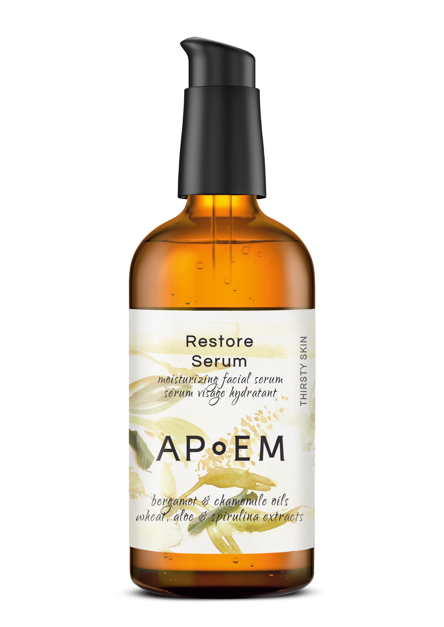 Ultra moisturizing face serum designed to pamper dehydrated skin with extra-refreshing and moisturizing power. This unique elixir awakens the skin with bergamot and rebalaces the senses with chamomile, creating a happy and relaxed sensation. The serum's natural extracts, including wheat, aloe, centella, mimosa, and spirulina, deeply awaken the skin's resilience and moisturization abilities for long-term results. The aromatherapeutic blend of bergamot and chamomile offers soothing, moisturizing